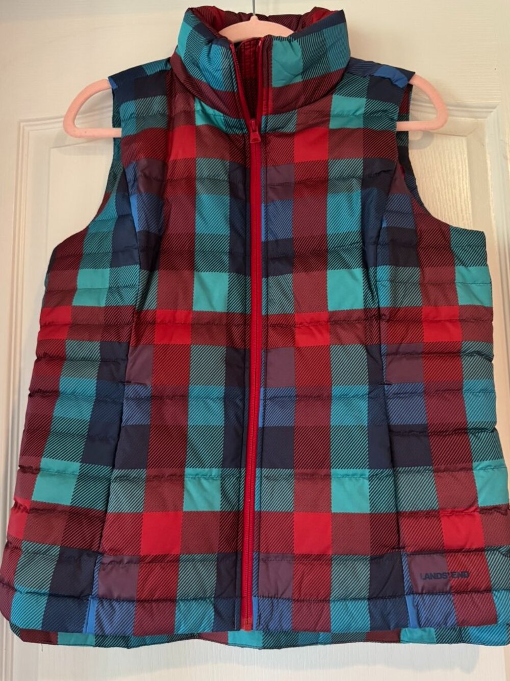 Lands' End 600 Fill Down Puffer Vest Plaid Check Multi-Color